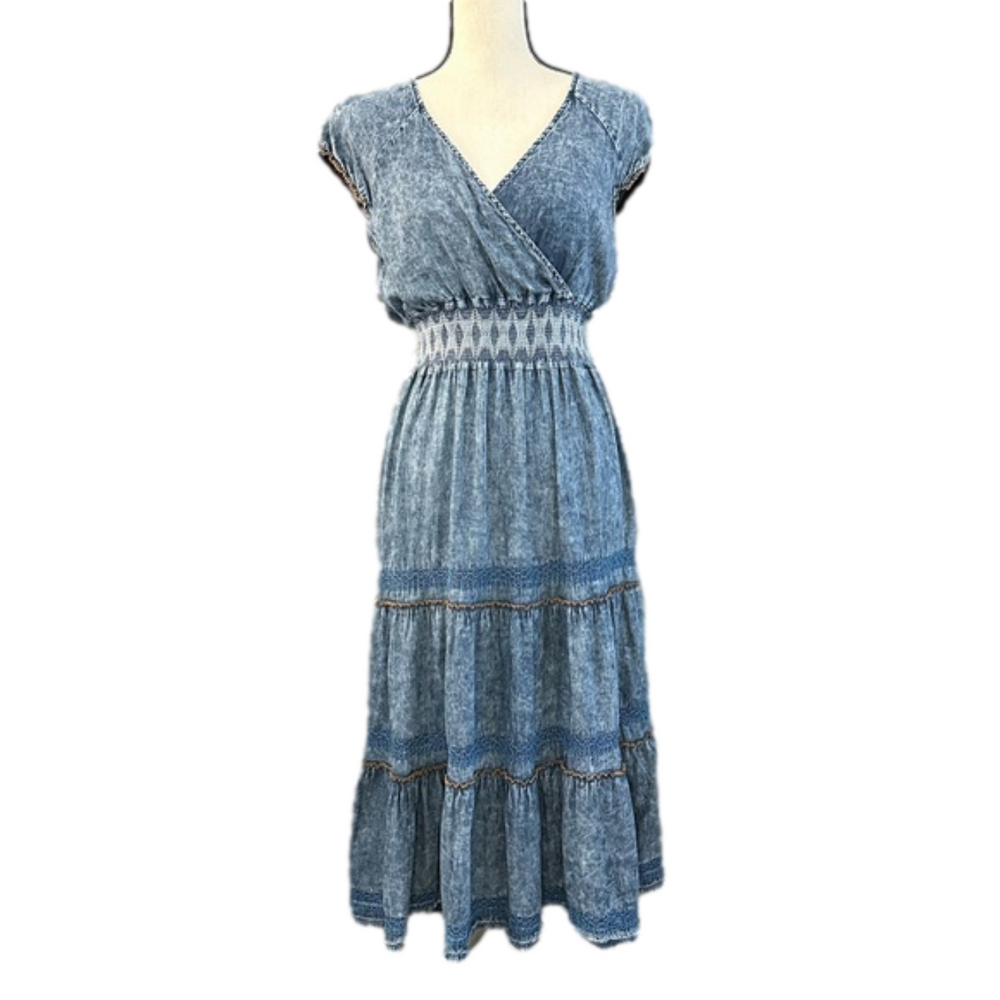 Lapis Blue Cap Sleeve Chambray Peasant Midi Dress Size Medium